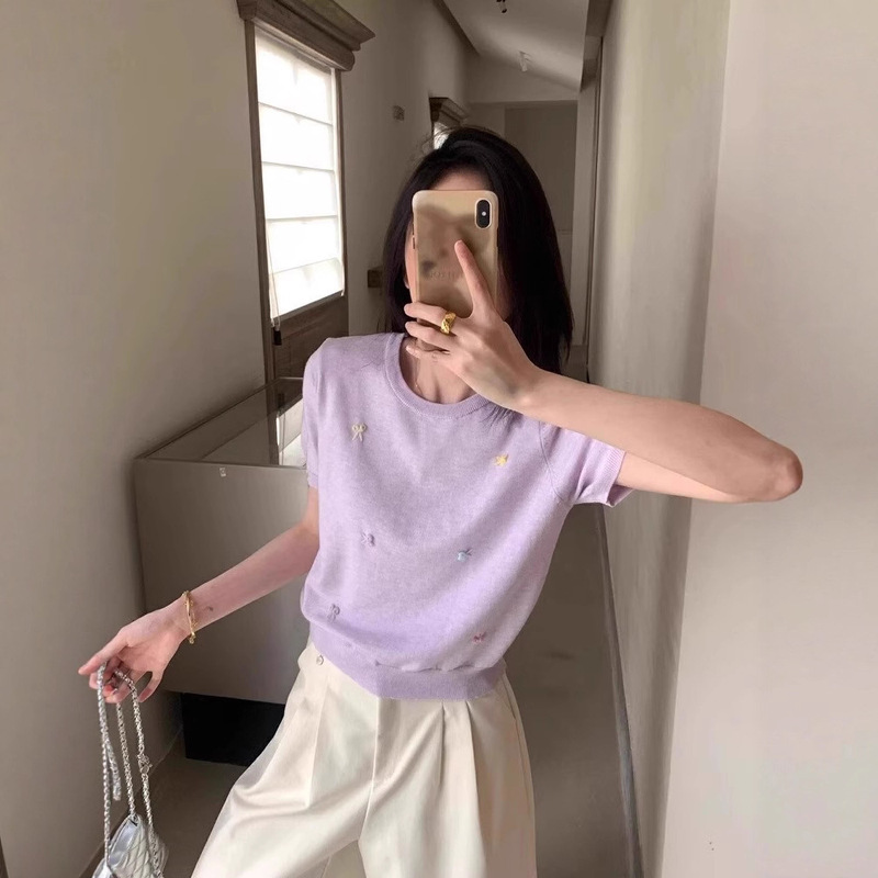 Korean Sweet Purple Short-Sleeved Knitwear for Women Summer Bow Ice Silk T-Shirt Super Nice Unique Beautiful Top