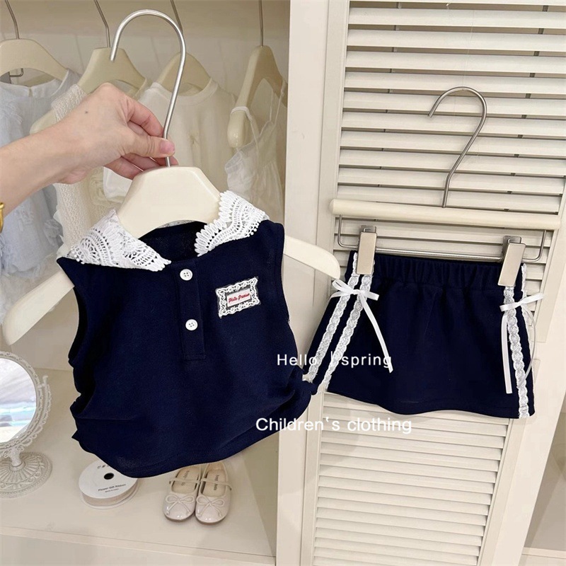 スイートベイビー2025新作おしゃれ子供用リボン付きニットベストトップスと花柄スカートのツーピースセット