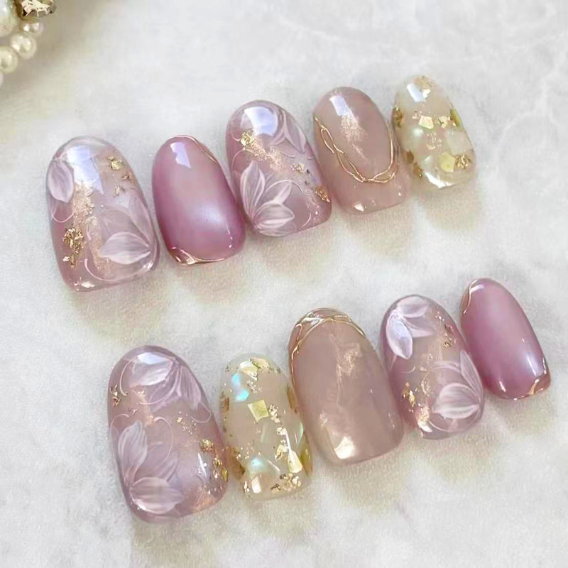 Purple Dreamy Glass Beads with Gold Accents, Oval Fairy-Like Translucent Gentle Nail Stickers, Floral Ins Hot Trend