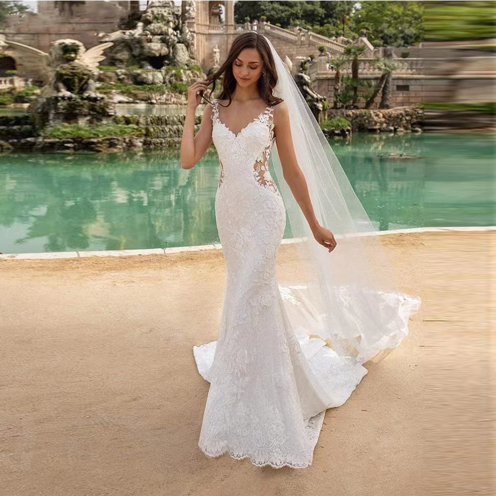 Thin Strap Wedding Dress Forest Style 2025 New Bride Simple Deep V Neck Large Backless Travel Photo Small Tail Soft Gauze Fishtail