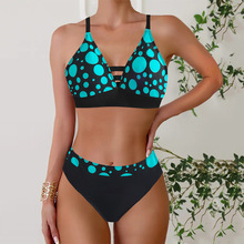 2025欧美比基尼 分体大码泳衣 高腰泳装复古波点交叉女士吊带泳衣