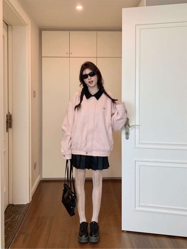 甜美风粉色翻领休闲夹克上衣女早秋小众设计感宽松美式棒球服外套|undefined
