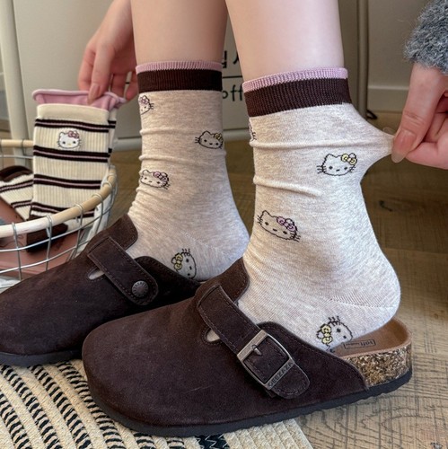 Japanese cute cartoon double bubble mouth cat embroidery socks for girls, contrasting striped polka dot crew socks, bumpy socks