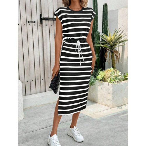 Women's Black and White Striped Split Neckline Casual Dress for Independent E-commerce Stores in Europe and America