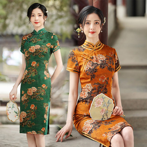 Floral Chinese dresses oriental qipao for women girls Old Shanghai mid length cheongsam Chinese style retro daily short sleeved elegant