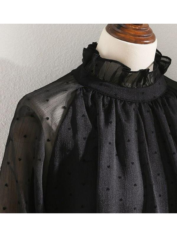 Black Polar Dot Ear Collar Shirt Women's 2024 Spring and Autumn New Design Sense Niche Lantern Sleeve Collar Thin Top Black Polar Dot Ear Collar Shirt Women's 2024 Spring and Autumn New Design Sense Niche Lantern Sleeve Collar Thin Top