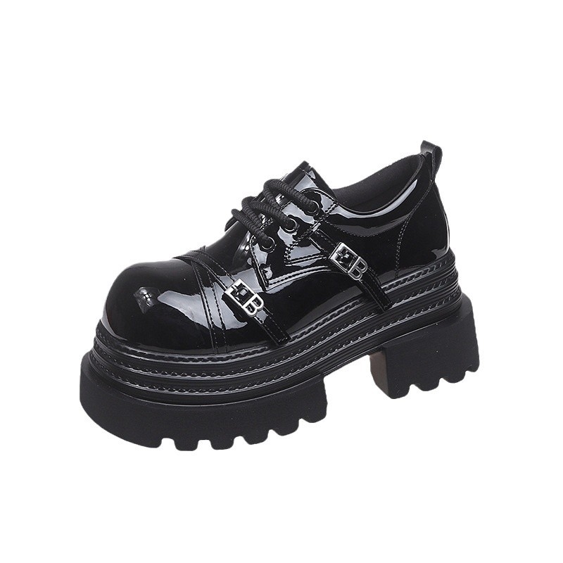 Zapatos de cuero de 8cm de espesor de suela pequeña para mujeres 2025 primavera nuevos zapatos de lazos Lefour muffin altura zapatos Mary Jane