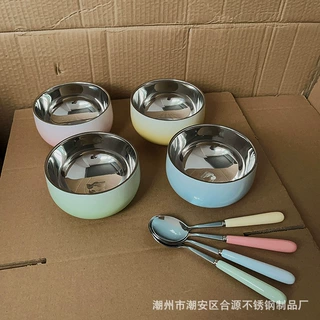批发304不锈钢渐变碗家用儿童高颜值隔热防烫双层饭碗汤碗餐具