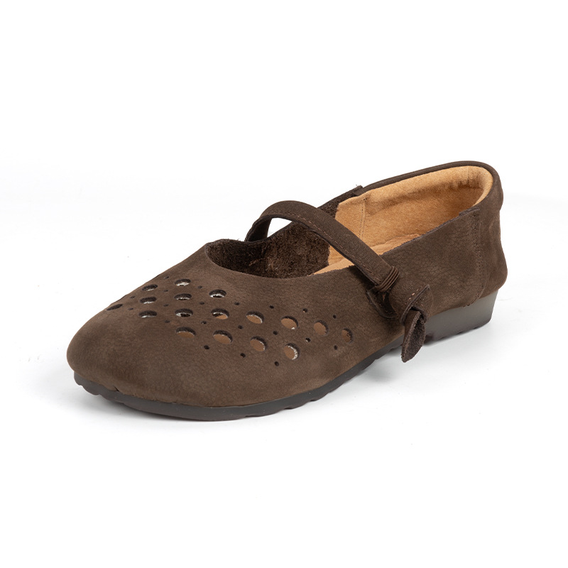 Top Layer Cowhide Hollow Breathable Single Soft Sole Round Toe Summer Hole Sandals Casual Versatile Genuine Leather_voghion.com