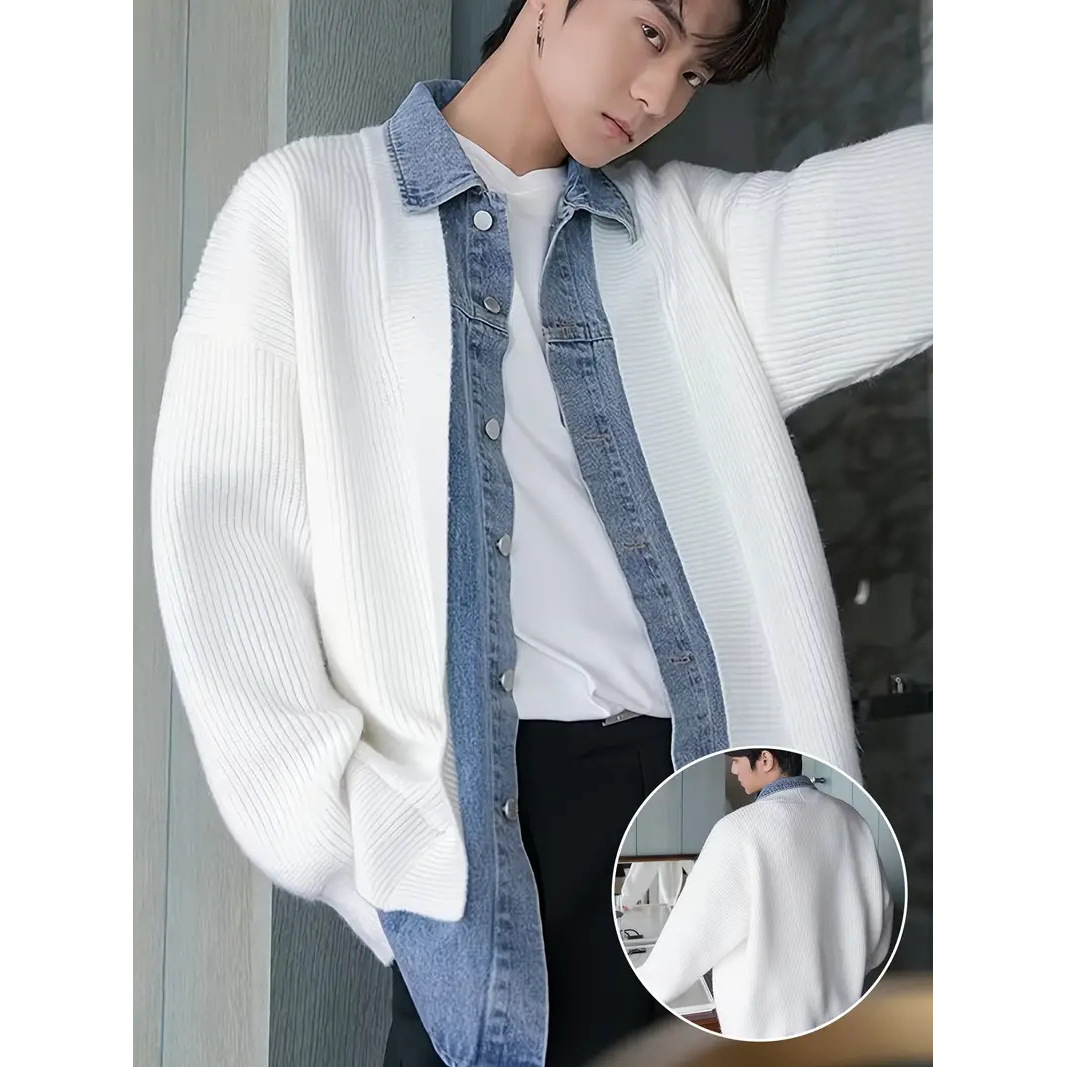 Cross-Border Men's Sweater New Cardigan Fake Two-Piece Color-Blocked Sweater Autumn and Winter Solid Color Youth Student Sweater