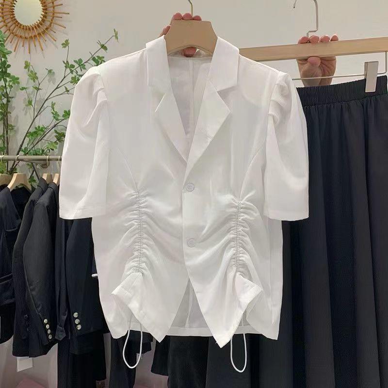 2024 New Summer Korean Style French Style V Drawstring Pleated Waist Shirt Women's Suit Collar Top Bubble Short Sleeves
