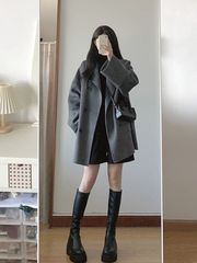 灰色韩系呢子大衣女秋冬新款复古感小个子赫本风气质毛呢外套