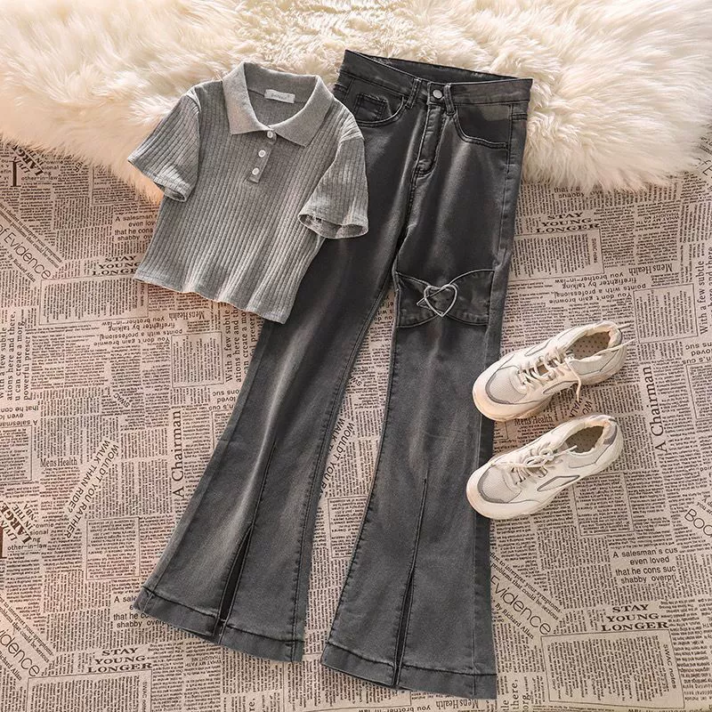 Short set, knitted denim flared trousers, polo collar