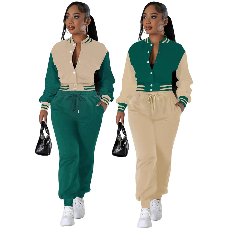 F6008 Special Price No Return No Exchange Europe and America Cross-border Women's Fashion Simple Baseball Suit suit Splicing Two-piece Set