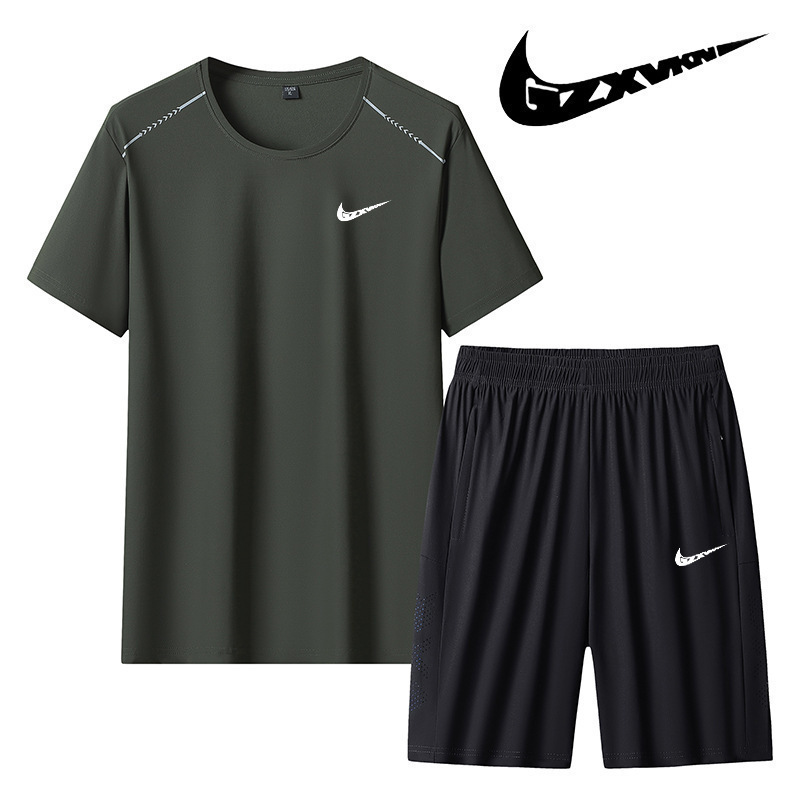 2026 New Summer Men's Casual Suit Outdoor Sports Cool and Breathable Ice Silk Short-Sleeved T-Shirt and Shorts Two-Piece Set