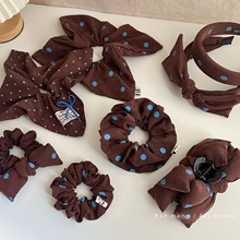 秋冬新款韩系复古蓝波点咖色方巾大肠发圈质感后脑勺扎发头绳发饰