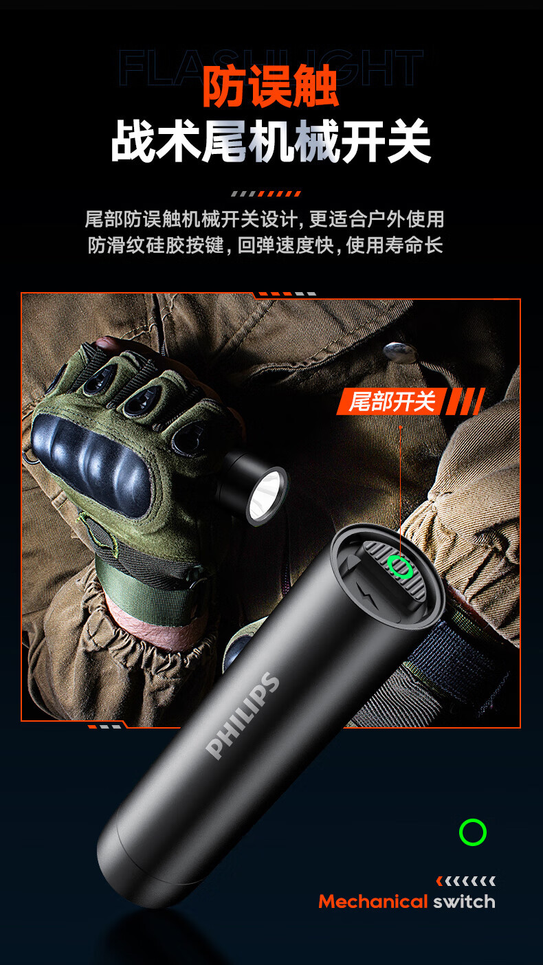 Philips Metal Flashlight Strong Light Long-range Long-life Charging Portable Home Outdoor Emergency SFL2202