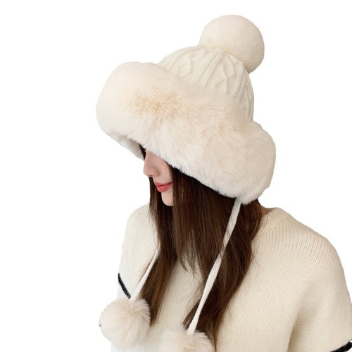Winter and Spring New Women's Plush Fleece Lined Hooded Beanie Student Cute Outdoor Cold Proof Fashion Knitted Wool Hat