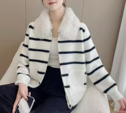 秋冬时尚撞色条纹棒球领拉链开衫毛衣女时尚通勤长袖针织衫外套|undefined