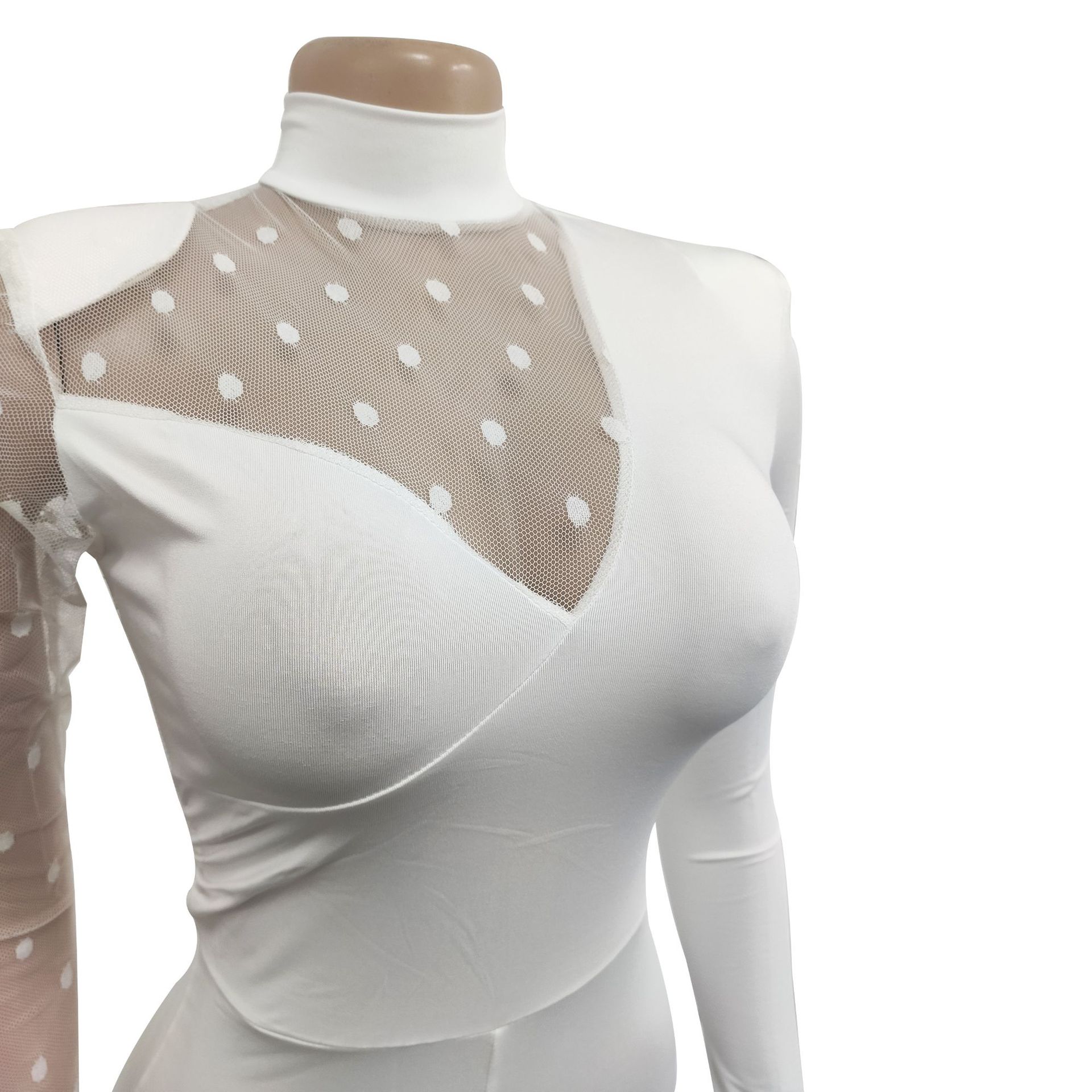 Women's Clothing fashion women's polka dot mesh see-through long-sleeved trousers solid color jumpsuit_voghion.com