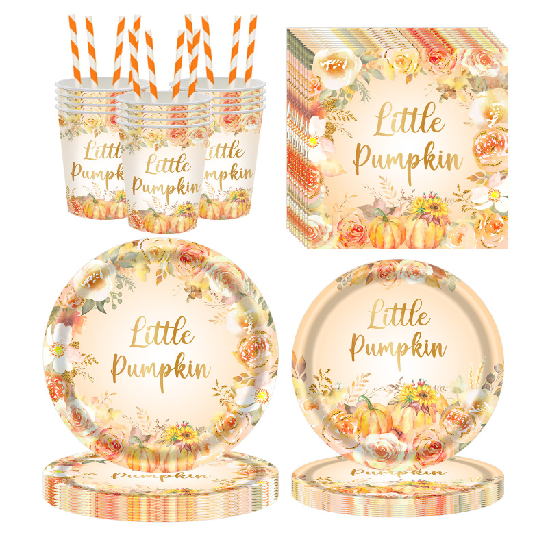 Autumn Floral Pumpkin Thanksgiving Theme Party Disposable Paper Plate Tissue Paper Cup Holiday Party Decoration Set