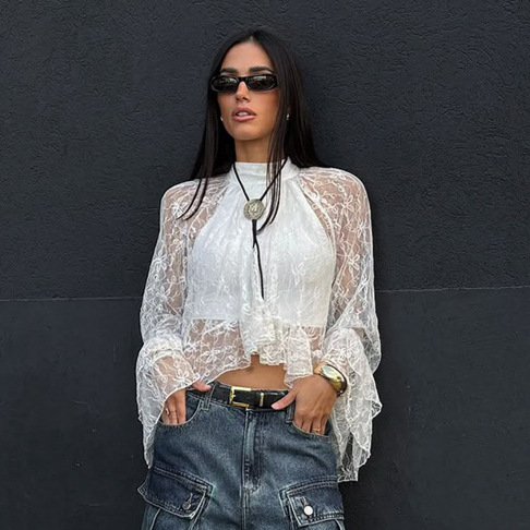 2026 Spring Cross-Border New Pure Lust Style White Lace Jacquard See-Through High Collar Commuter Lazy Style Long-Sleeved Shirt