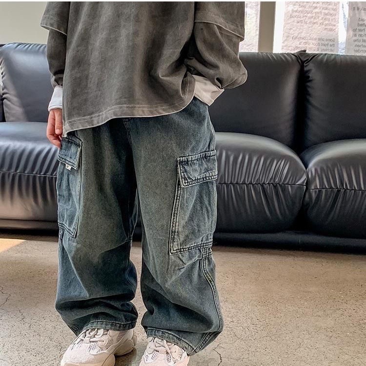 Primavera y otoño estilo coreano suelto ropa infantil para hombres y mujeres jeans estilo exterior de moda versátil pantalones casuales rectos pantalones para bebés