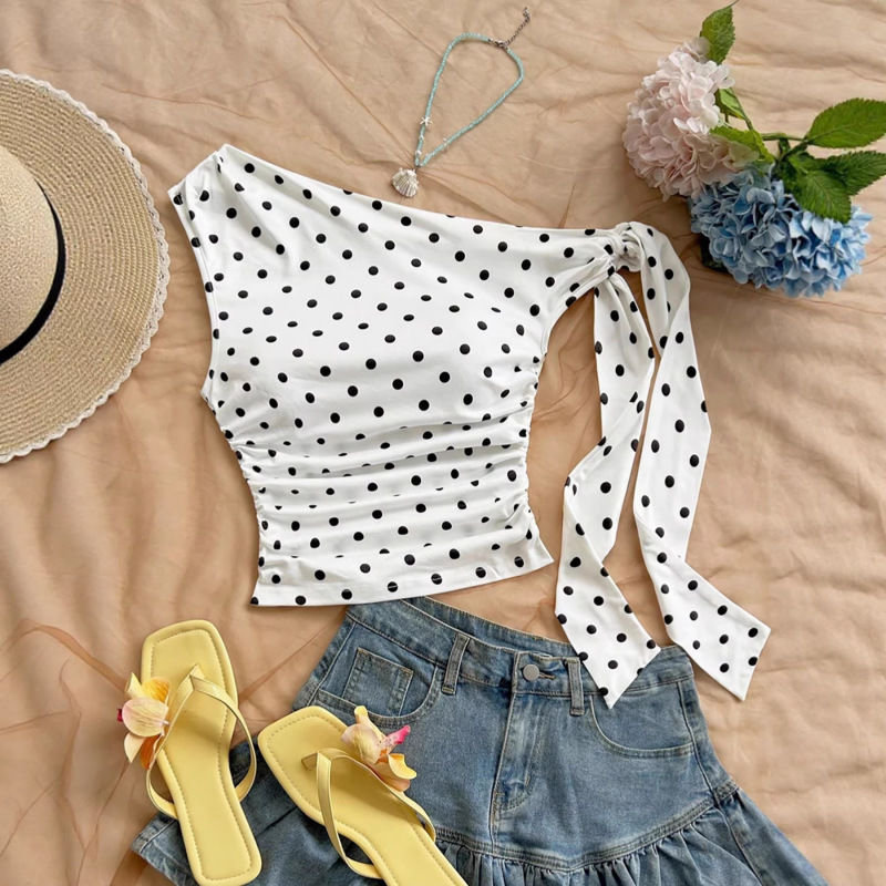 2026 European and American Summer New Slim-Fit Polka Dot Camisole with Cross-Border Foreign Trade Single-Shoulder Tie Sweet Lace-Up Top 2026 European and American Summer New Slim-Fit Polka Dot Camisole with Cross-Border Foreign Trade Single-Shoulder Tie Sweet Lace-Up Top