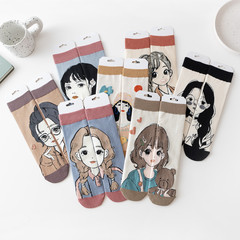 22跨境襪子女中筒襪ins日系卡通動漫對對襪原創直筒AB款女士棉襪