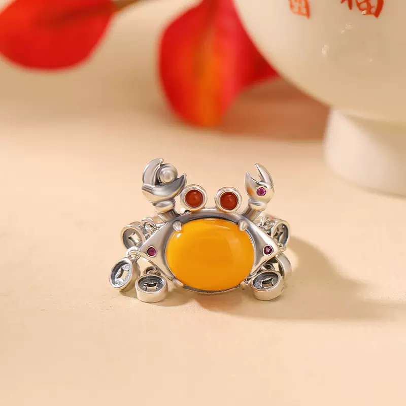 悦宝珠宝S925纯银南红蜜蜡复古做旧螃蟹钱币蛋面戒指个性开口指环