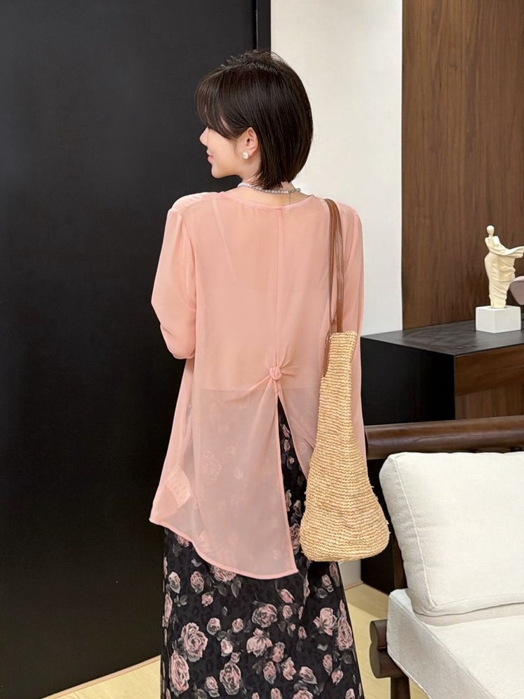 French-style lightweight chiffon blouse with back slit and knot - a summer essential, mid-length, loose-fitting, thin, long-sleeved sun-protective shirt.