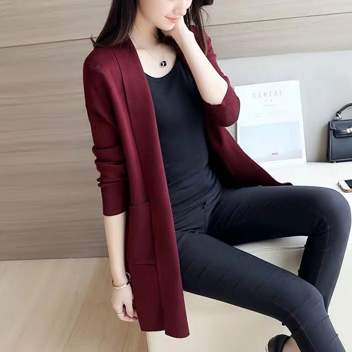 2020 Autumn New Korean style loose pocket mid-length knitted cardigan sweater coat women's long-sleeved top