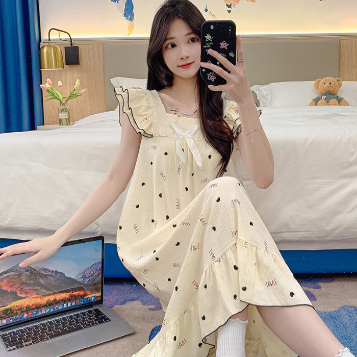 2024 verano vestido de pajama de mujer vestido largo suelto arco dulce dormitorio del campus se puede usar vestido de pijama rojo