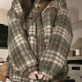 风美拉德学院风秋冬季羊羔毛拼接复古格子毛呢外套学生女潮流