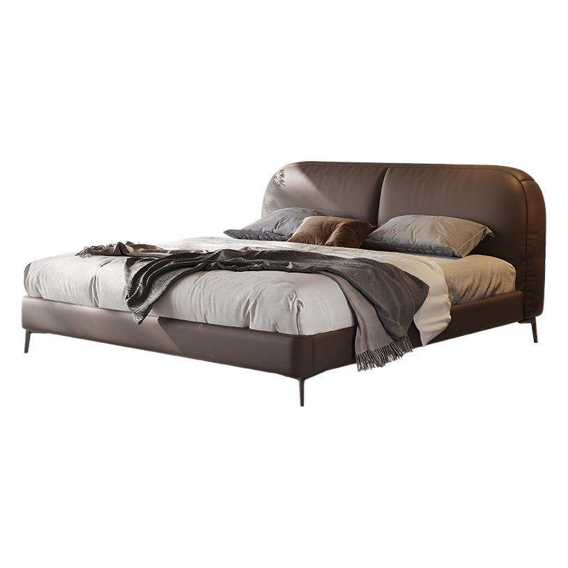 Italiano minimalista de cuero genuino cama diseñador dormitorio principal primera capa de piel de vaca simple suave cama cubierta azul borde gordo cama doble