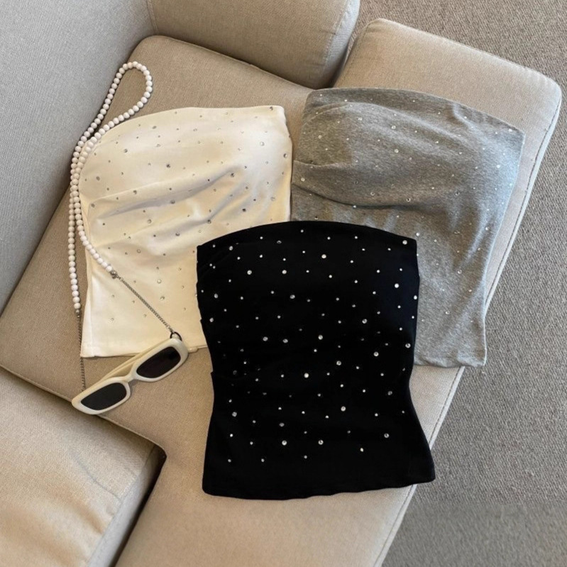 Hot Girl Summer High-End Slim Fit Elastic Short Double-Sided Rhinestone Vest Outer Wear Women's Tube Top with Breast Pads