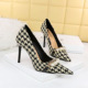 9283-1 Wind Thousand Bird Plaid High Heel Shoes Thin Heel High Heel Shallow Mouth Pointed Pearl Chain Plaid Women's Single Shoes