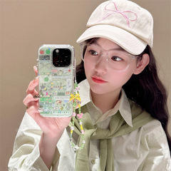 キラキラ四つ葉のクローバーキティイラストチェーン付きiPhone17/Apple16ProMax/15/14用スマホケース（女性向け）