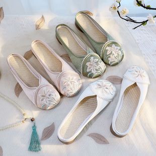 Lotus slippers 2024 New style embroidered slippers home flat cloth shoes women's national fashion ethnic style embroidered slippers