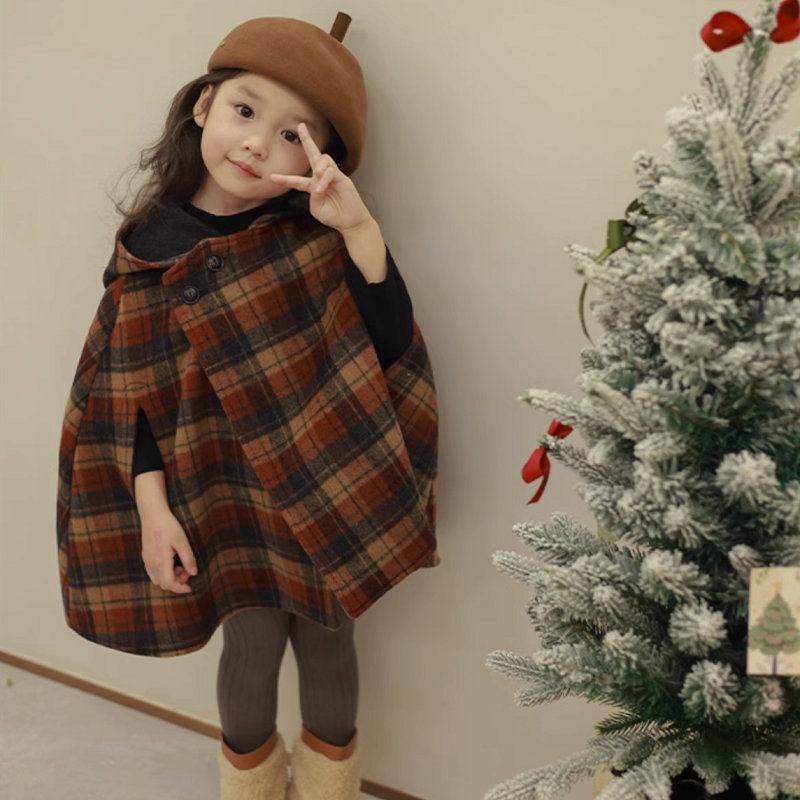 Kinderkleidung Mädchen Herbst und Winter neue Kinder spitzer Hut karierter Baumwollclip dicker Wollmantelumhang_voghion.com