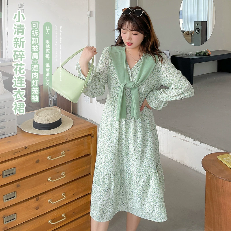 Осень Новый плюс размер женской одежды пухлые девушки маленькие свежие первая любовь шаль Цветочные платья 150188