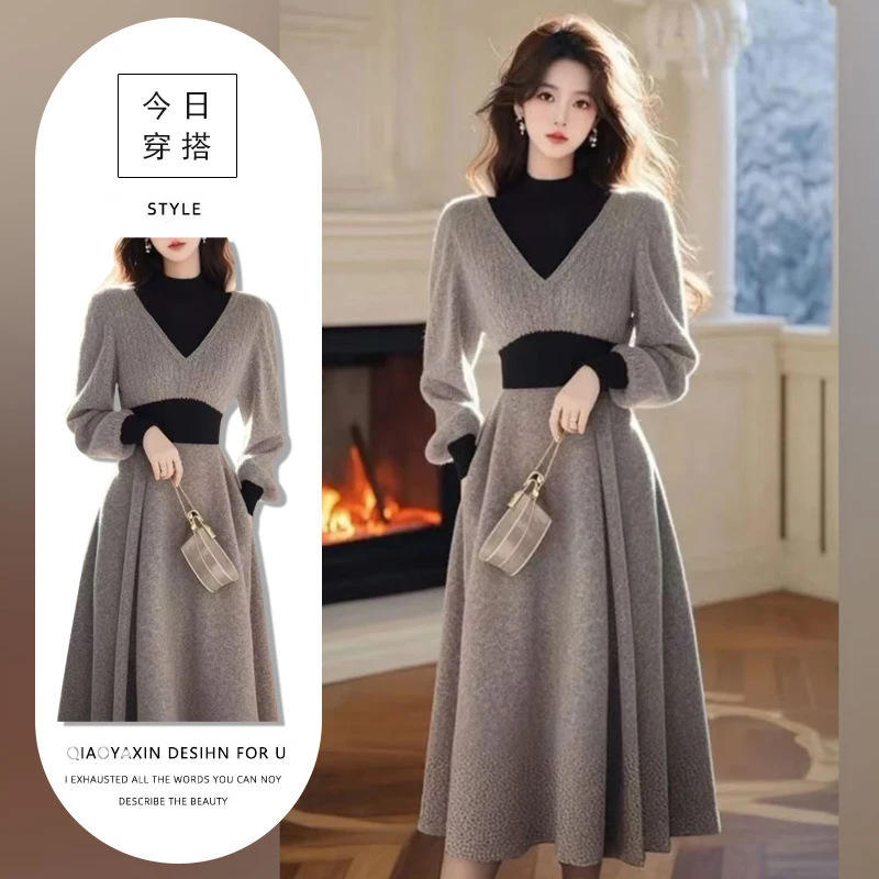 Grey Turtleneck Knitted Sweater Women's dress 2024 Winter High-end Super Nice Waist Inner Long Skirt