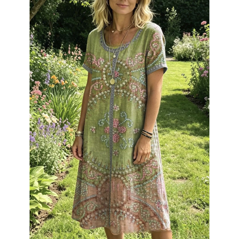 European and American Summer Bohemian Casual Loose 3D Printed Cross-Border Amazon Independent Site Round Neck Short-Sleeved Dress European and American Summer Bohemian Casual Loose 3D Printed Cross-Border Amazon Independent Site Round Neck Short-Sleeved Dress