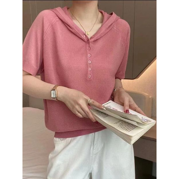 外国貿易新しい夏のフード付き半袖 Tシャツ女性のルーズ半袖パーカーアイスシルクトップセーター薄いスウェットシャツ|undefined