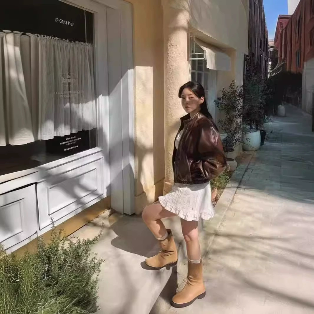 Корейский th * Bar * net восемь молока ретро-воротник укороченные кожаные куртки на молнии