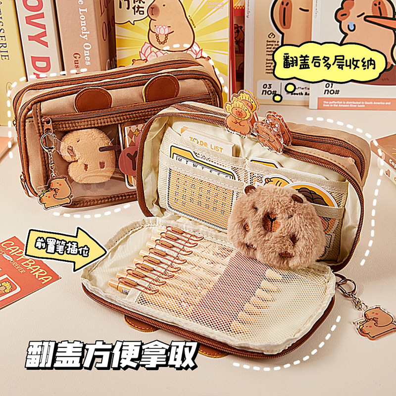 El nuevo estuche de lápices de gran capacidad Kapibala, bolso de papelería lindo transparente, caja de lápices con tapa de múltiples capas de alto valor para estudiantes