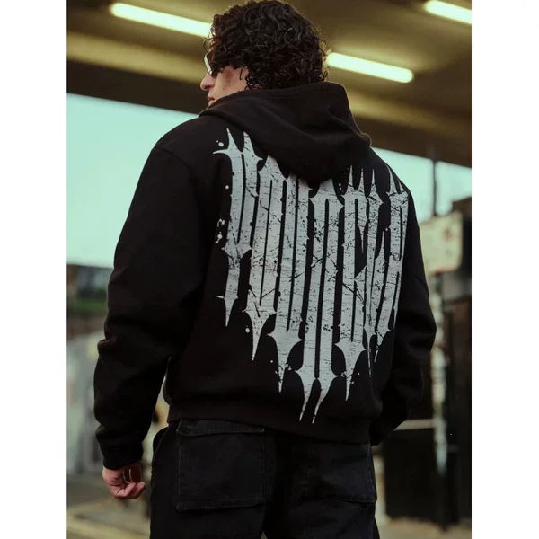 YOUNGLA American-style new men's zip-up hoodie, suitable for jogging, sports, fitness, and casual wear, with a printed design and a hood