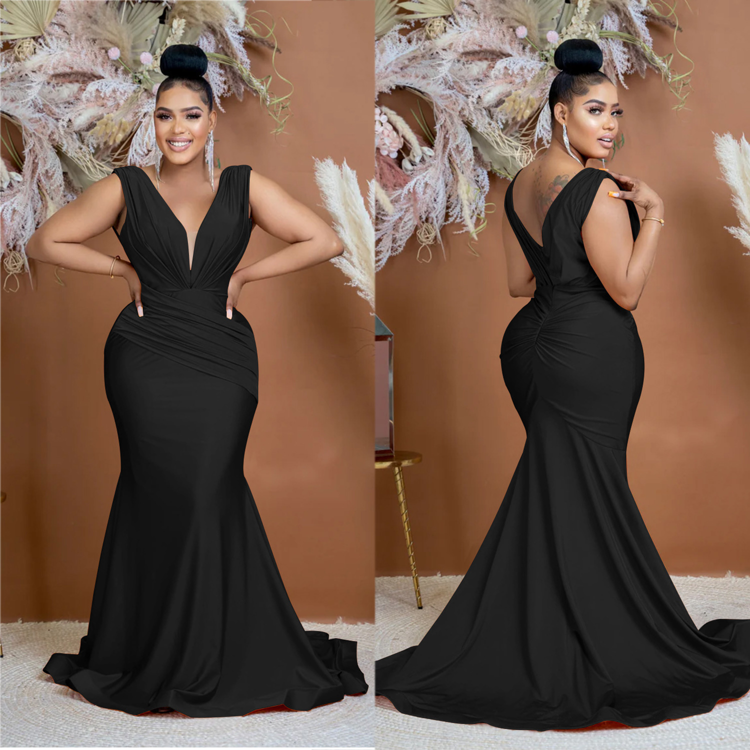 C6357 transfronteriza AliExpress Amazon moda europea y americana de las mujeres de color sólido con cuello en V sin mangas vestido plisado vestido de las mujeres image 2