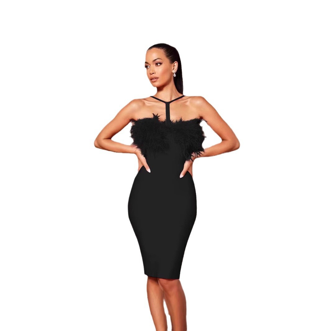 Sensational Halter Neck Feather Trim Bodycon Dress - Deep V Backless Cocktail Dress With Contrast Panel Design_ecoleips.com