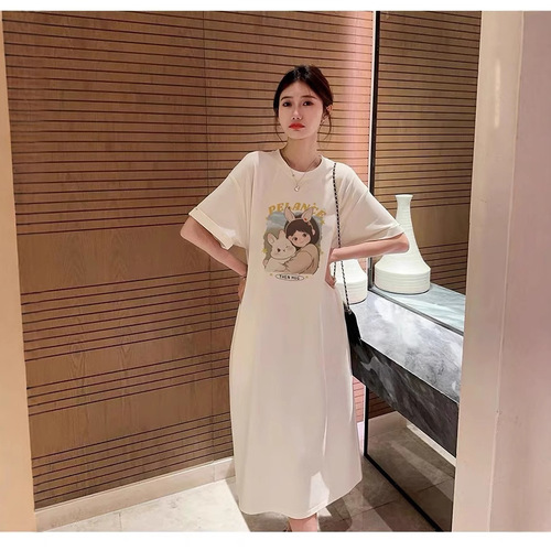 2025 new summer short-sleeved dress Korean casual lazy style T-shirt skirt loose large size over-knee long skirt